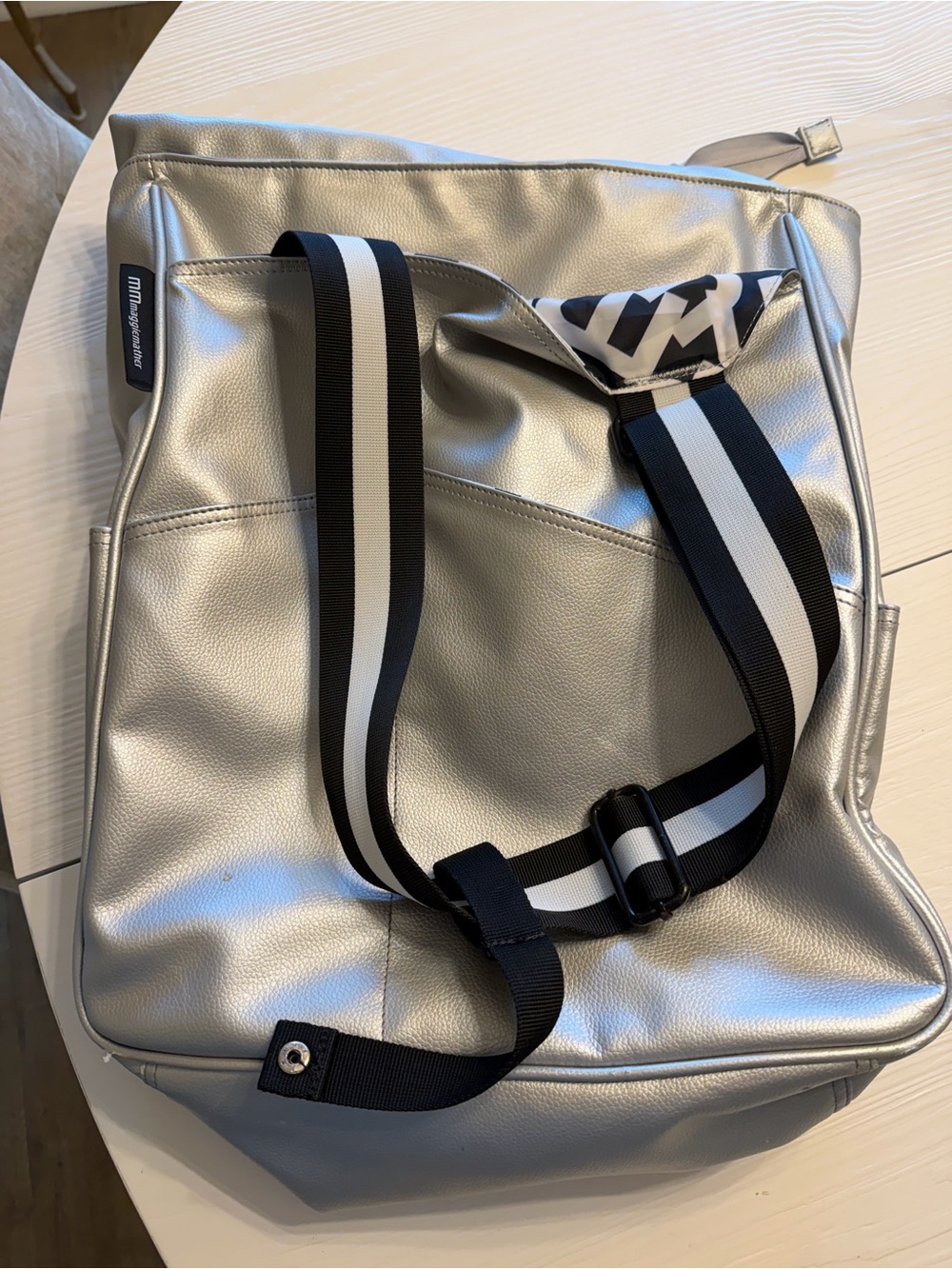 Maggie Mather Metalic Silver Tennis Bag Women's with Striped Webbing Straps